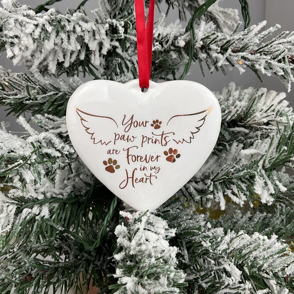 Christmas Ornament- Glass Heart “Your Paw Prints Are Forever In My Heart.”